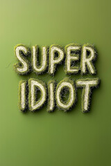Creative display of the phrase super idiot made from green grass on a plain background