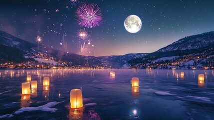 A serene view of a frozen lake with lanterns floating on the ice, reflecting the full moon and fireworks in the night sky