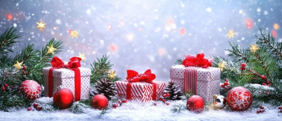 Festive Christmas Gifts Under Snowy Pine Branches with Red Ornaments
