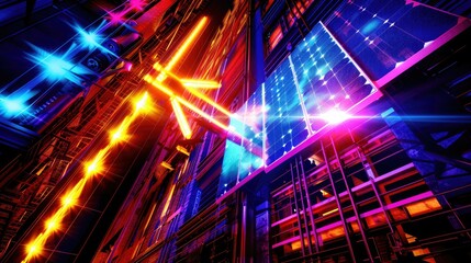 A vibrant, futuristic scene with glowing lights and abstract structures.