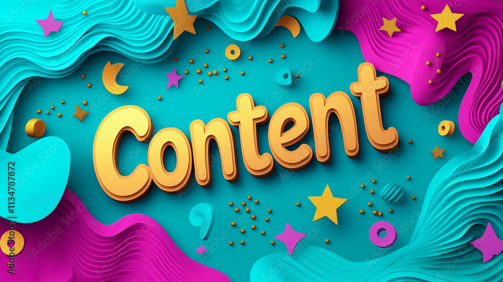Poster vibrant design showcasing the word content with colorful abstract shapes and playful elements on a b