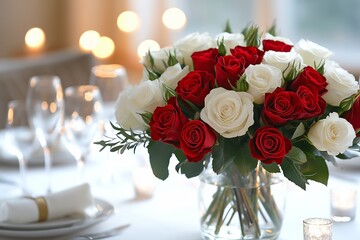 Obraz premium A beautiful arrangement of red and white roses enhances the romantic atmosphere, perfect for Valentine's Day celebrations and intimate dinners. 