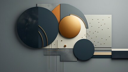 Abstract geometric shapes in navy, gold, and beige on a gray background.