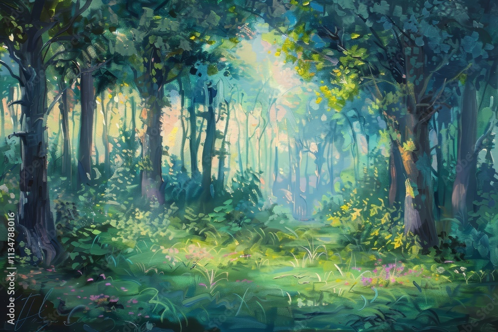 Poster sunlight filters through dense trees, illuminating a tranquil forest path filled with lush greenery 