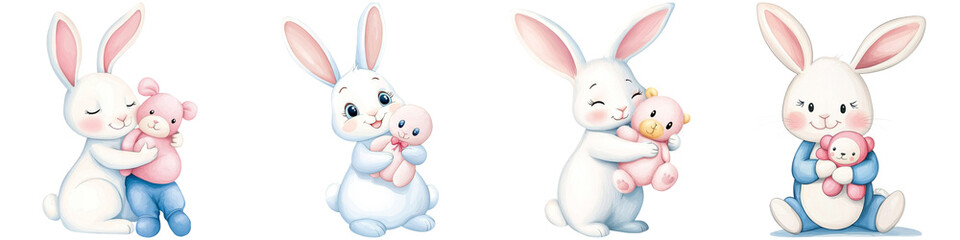 Obraz premium Baby bunny fluffy and warmth, Four cute cartoon rabbits holding teddy bears, displaying various poses of affection and playfulness.