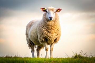 Fototapeta premium Captivating Panoramic View of a Single Sheep Against a Pure White Background for Nature and Farm-Themed Stock Photography