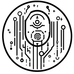 Obraz premium Abstract circular design featuring interconnected lines and geometric shapes, resembling a circuit board or technological symbol.