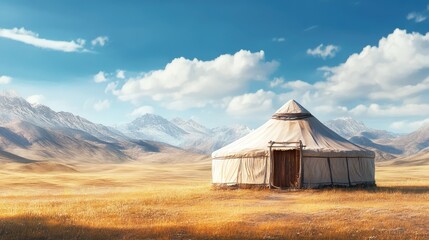 Yurt nomad house stands in the Asian steppe with mountains background