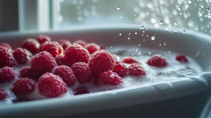 A lot of raspberries is floating in a bathtub. The raspberries are floating in the water, and the water is splashing around them
