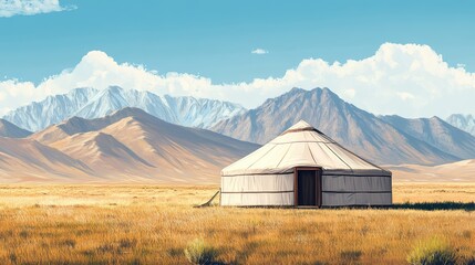 Yurt nomad house stands in the Asian steppe with mountains background