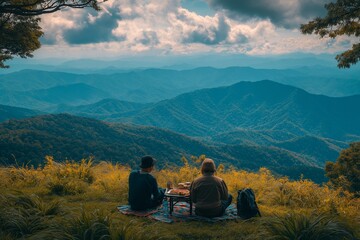 A couple enjoys a romantic picnic overlooking the stunning mountains, perfect for a memorable Valentine's Day. Nature provides a serene backdrop for their special celebration.