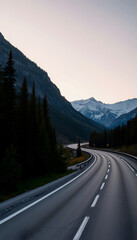Fototapeta premium Winding Road Through Mountain Valley at Dusk, Scenic Drive