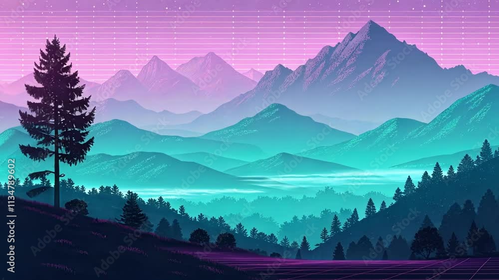 Poster pixelated memories a hazy landscape of glowing mountains bathed in violet and teal covered with a la