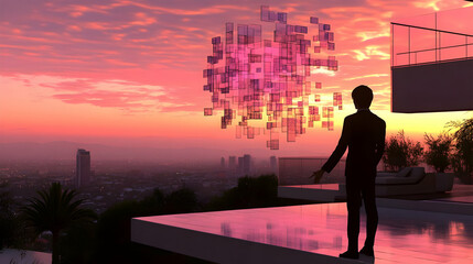 Fototapeta premium Man overlooking city at sunset, interacting with digital data.