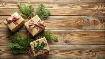 Obraz premium Rustic Christmas Decor with Gifts Wrapped in Brown Paper and Decorated with Red and Green Checkered Ribbon on a Weathered Wooden Background