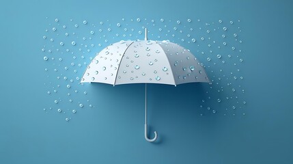 White umbrella with water drops on blue background.