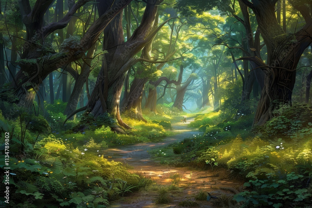 Poster golden sunlight filters through towering trees, creating a serene atmosphere along a winding path bl