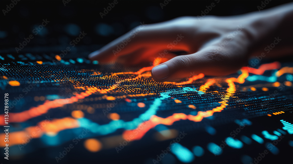 Poster a hand is touching a screen with a colorful pattern of lines and dots
