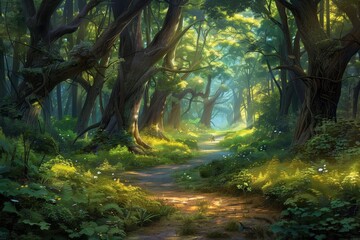 Obraz premium Golden sunlight filters through towering trees, creating a serene atmosphere along a winding path blanketed by vibrant plants and delicate flowers, inviting exploration.