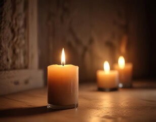 Softly glowing candle flame in a dimly lit room, ambiance, warm glow, darkness