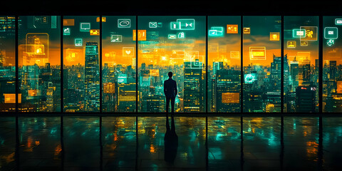 Man silhouetted against cityscape with digital interface overlay.
