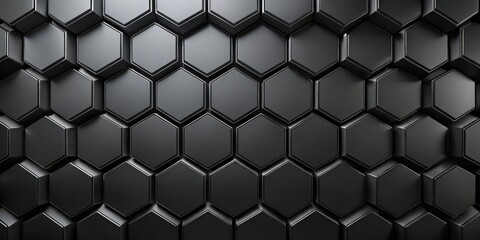 Naklejka premium A geometric abstract background of black hexagonal shapes arranged in a repeating pattern, creating a sense of depth and dimension.