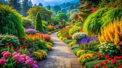 Obraz premium Captivating Portrait of a Vibrant Botanical Garden with Lush Greenery and Colorful Flowers, Evoking the Beauty of Nature in a Stunning Oil Painting Style
