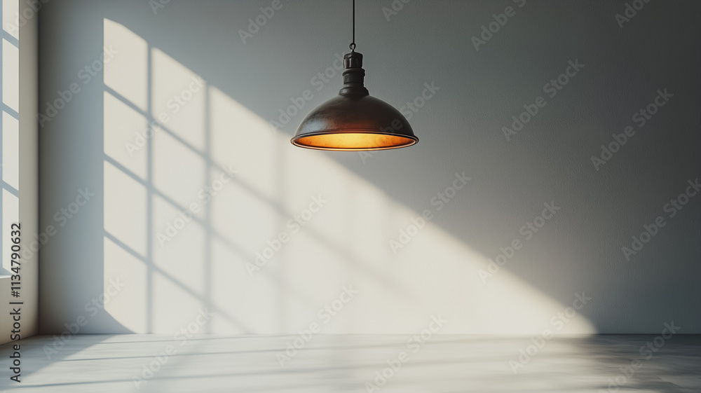 Poster a large light fixture hangs from the ceiling in a room with a window