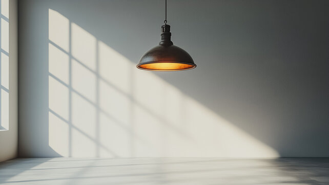 A large light fixture hangs from the ceiling in a room with a window