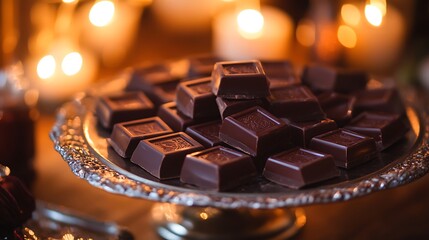 Dark Chocolate Squares On An Ornate Silver Platter