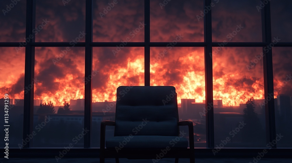 Poster a dark scene features a lone chair in front of a window, with a fiery blaze illuminating the backgro