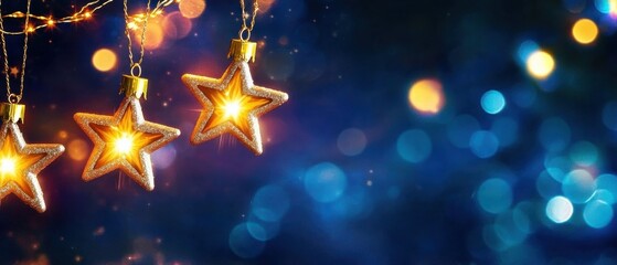 Sparkling Golden Stars Hanging with Festive Christmas Lights on Blue Background