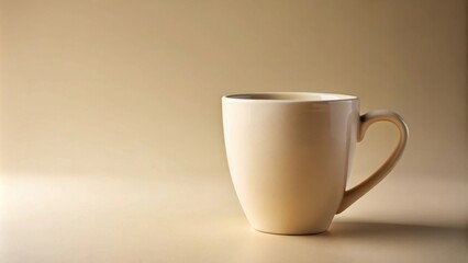 A simple ceramic mug with a beige hue, positioned on a matching surface, provides a minimalistic backdrop for your creative designs.