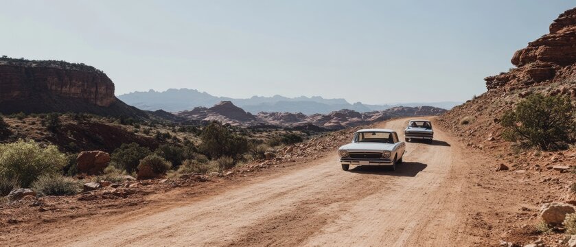 Fototapeta Vintage cars drive on a dusty road lined by rugged terrain under the vast sky, evoking the spirit of a classic road trip adventure.