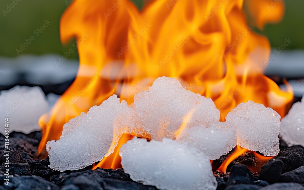 Poster a striking image of flames engulfing ice, contrasting heat and cold, symbolizing the clash of elemen