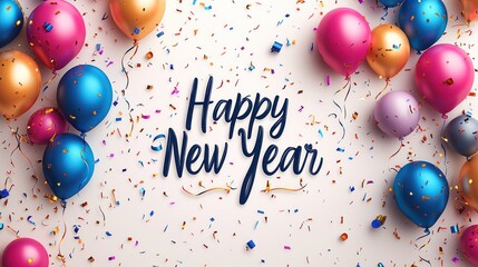 Colorful balloons and confetti celebrate New Year's with a festive greeting.
