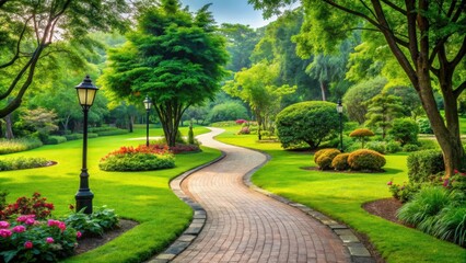 Fototapeta premium Lush park entrance with winding footpath leading through vibrant greenery, park, entrance, footpath, outdoors, nature