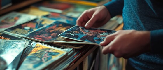 Hands carefully flip through a collection of vintage comics, evoking nostalgia and the tactile joy of discovery.