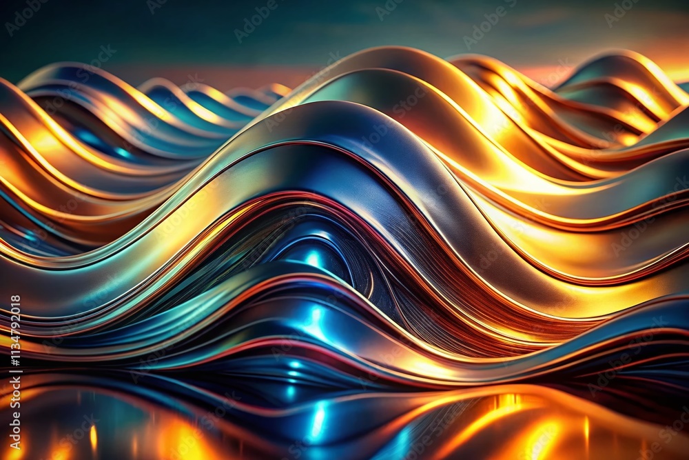 Poster captivating portrait photography of reflective metallic waves with dynamic color changes against a d