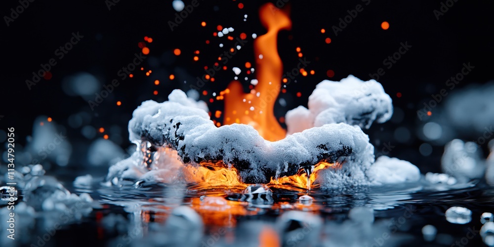 Poster a vibrant explosion of fire and steam erupts in water, creating a dramatic and mesmerizing visual ef