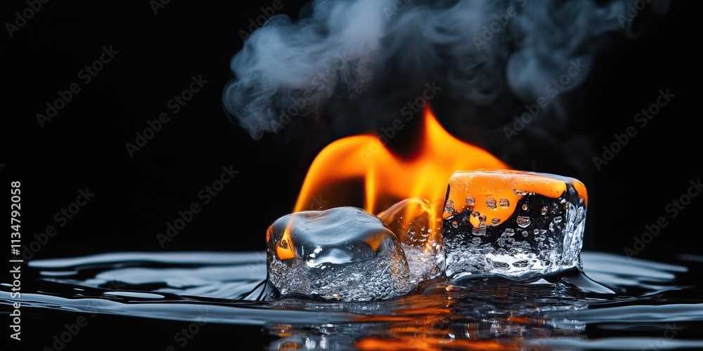Poster a striking image of an ice cube floating in water, engulfed in flames, creating a dramatic contrast 