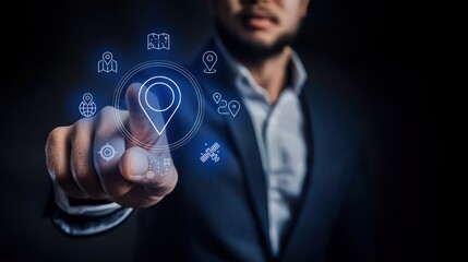 A businessman touches a map location marker on a dark background, emphasizing gps navigation, sat nav, route planning, and road trip planner technology