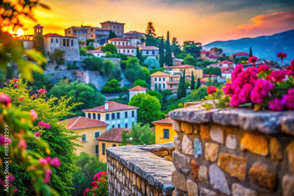 Aufkleber captivating pov perspective of balancing on ancient walls in greece with stunning bokeh effect, show