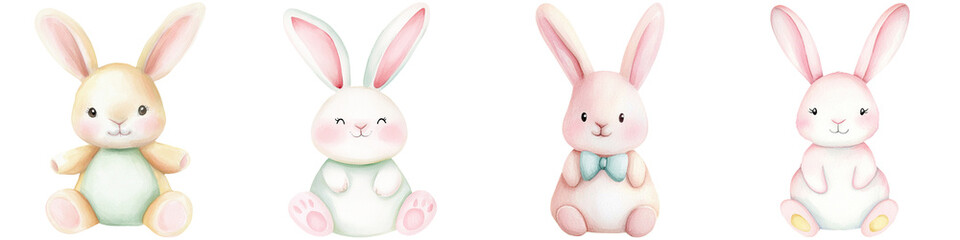 Obraz premium Baby bunny fluffy and warmth, A collection of four adorable rabbit figurines, each with distinct colors and features, showcasing a charming and playful design.