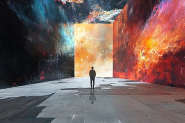 Visitors marvel at the colorful virtual gallery, featuring captivating artworks and digital avatars in a stunning immersive environment. Generative AI