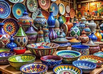 Fototapeta premium Captivating Pottery and Ceramic Handicrafts Displayed at a Vibrant Market, Showcasing Unique Designs, Colors, and Textures for Art Enthusiasts and Collectors