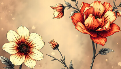 Beautiful fantasy vintage wallpaper botanical flower background, color sketch, with white tones