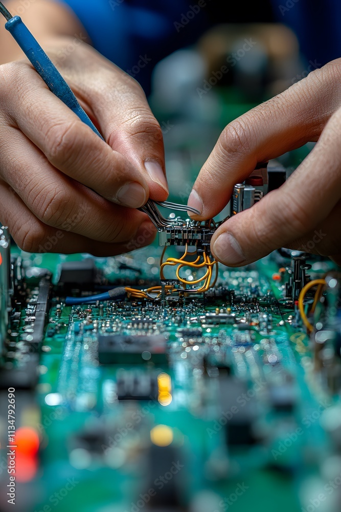 Poster close-up of hands repairing a circuit board with intricate components and wires.