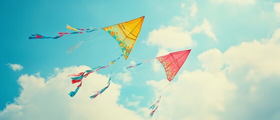 Colorful kites soar high against a backdrop of fluffy clouds and blue skies, evoking a sense of freedom and fun.