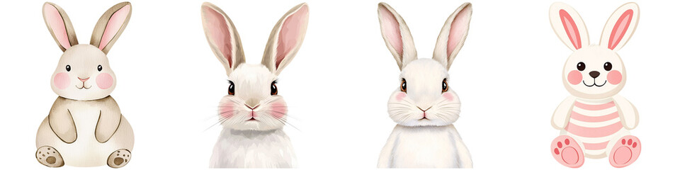 Obraz premium Baby bunny fluffy and warmth, A series of cute, stylized rabbits with varying expressions and designs, showcasing playful and whimsical characteristics.